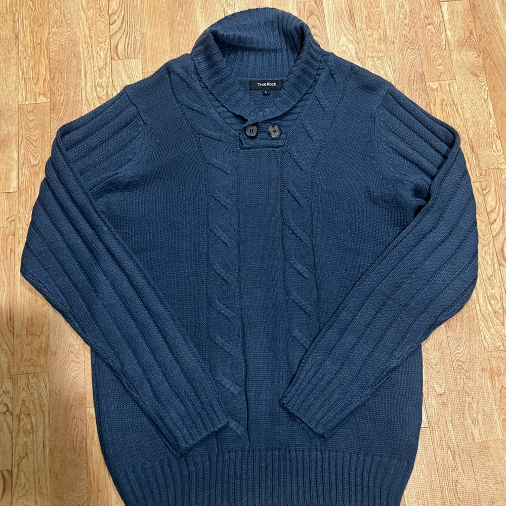 TRUE ROCK Cozy Coastal Grandpa Knit Sweater Dark Blue Cable Knit